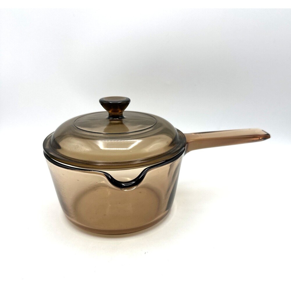 Vintage Visions Corning Sauce Pot 1L Brown Glass with Pour Spout & Lid USA
